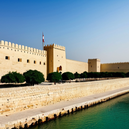 Home 14 Muharraq Fort - Historical Bahrain**
"A panoramic view of Muharraq Fort in Bahrain, showcasing its traditional architecture, fully clothed tourists are visiting the site, the scene is bathed in warm afternoon light, safe for work, appropriate content, perfect anatomy, natural proportions, professional photography, high quality, family-friendly, modest."
**