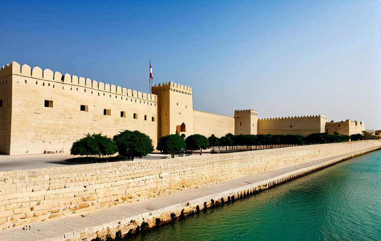 Muharraq Fort - Historical Bahrain**

"A panoramic view of Muharraq Fort in Bahrain, showcasing its traditional architecture, fully clothed tourists are visiting the site, the scene is bathed in warm afternoon light, safe for work, appropriate content, perfect anatomy, natural proportions, professional photography, high quality, family-friendly, modest."

**