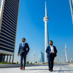 **

"Bahrain World Trade Center, a pair of modern skyscrapers with wind turbines, clear blue sky, city background, fully clothed people in business attire walking below, daytime, professional architecture photography, safe for work, appropriate content, fully clothed, perfect anatomy, correct proportions, natural pose, professional, modest."

**