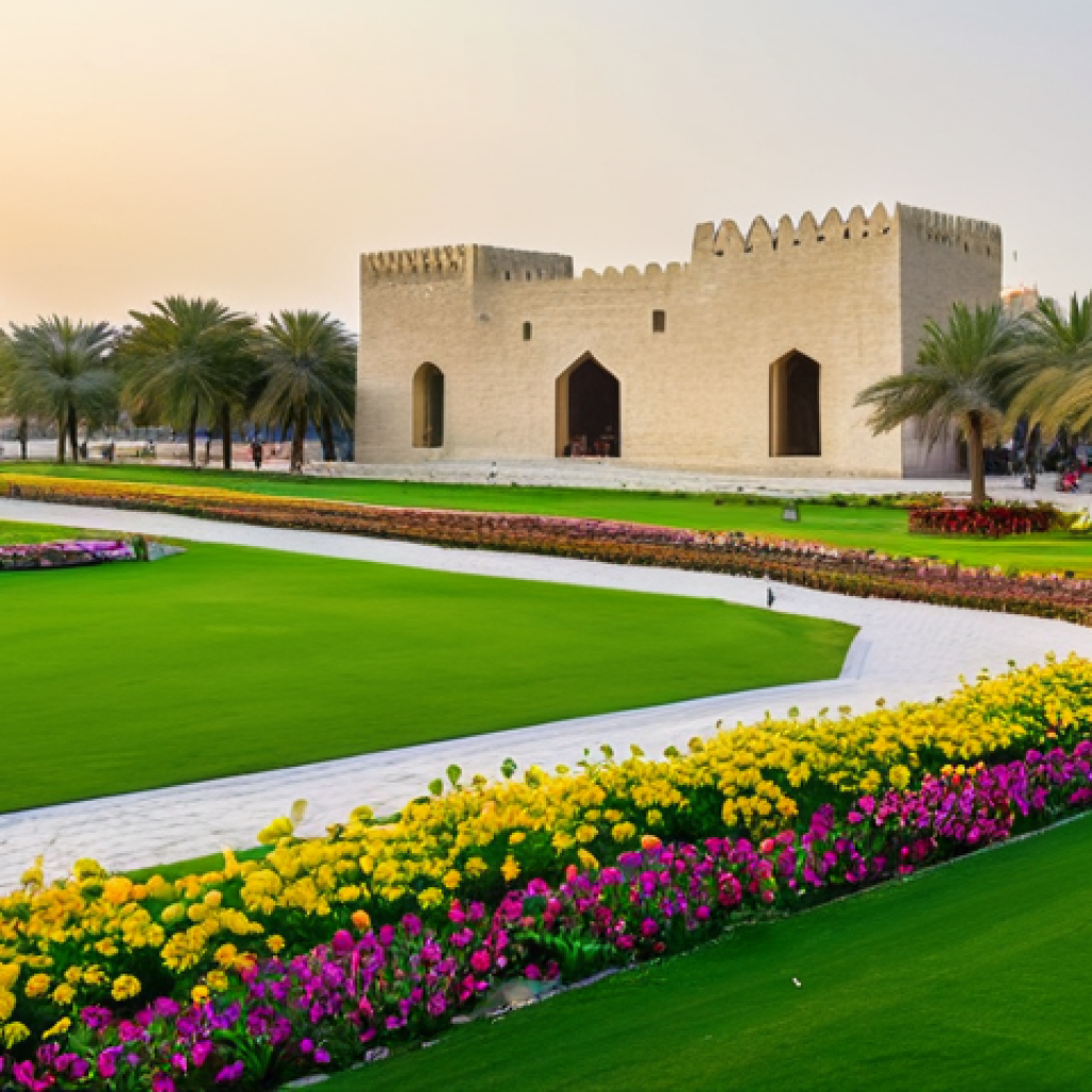 바레인의 현대 공원 - **

"A wide, professional photograph of Al Arad Fort Park at sunset, Muharraq, Bahrain. The ancient ...