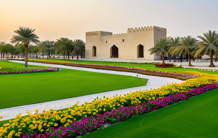 바레인의 현대 공원 - **

"A wide, professional photograph of Al Arad Fort Park at sunset, Muharraq, Bahrain. The ancient ...